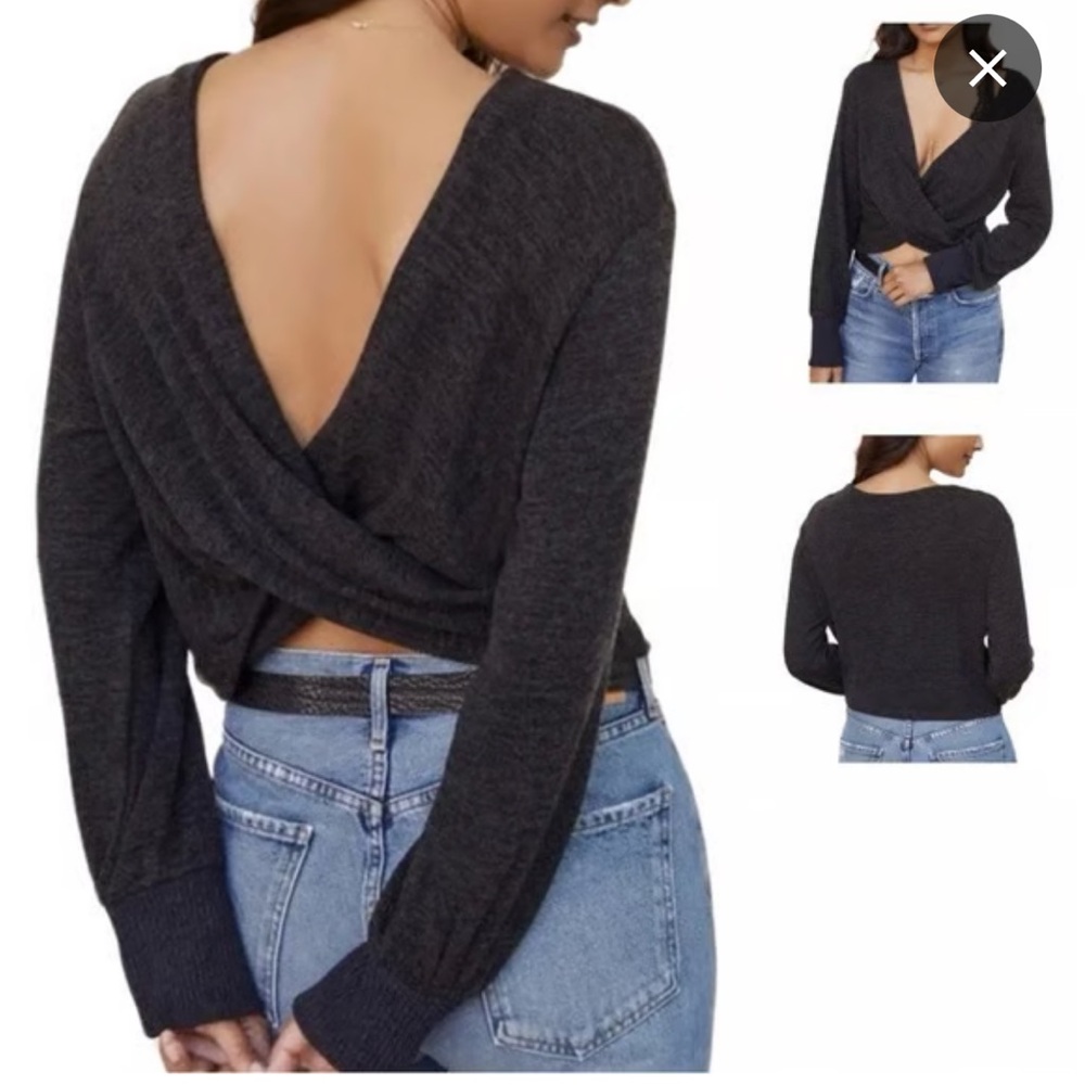 Anthropologie Twist Front Crop V-Neck Knit Sweater - Dark Grey - Picture 2 of 8